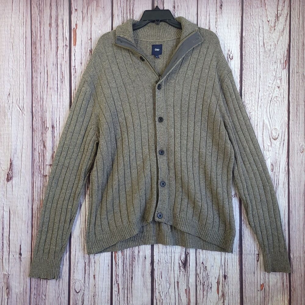 Gap Mens Rib-Knit Button Front Mock Collared Cardigan Sweater Heavyweight L Y2K